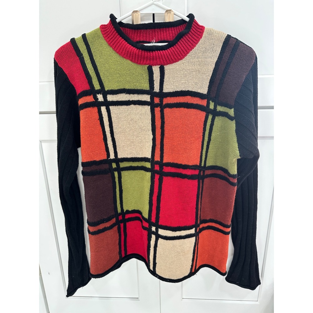 Vtg ARRIVISTE Geometric Color Block Mock Neck Sweater‎ Women's L